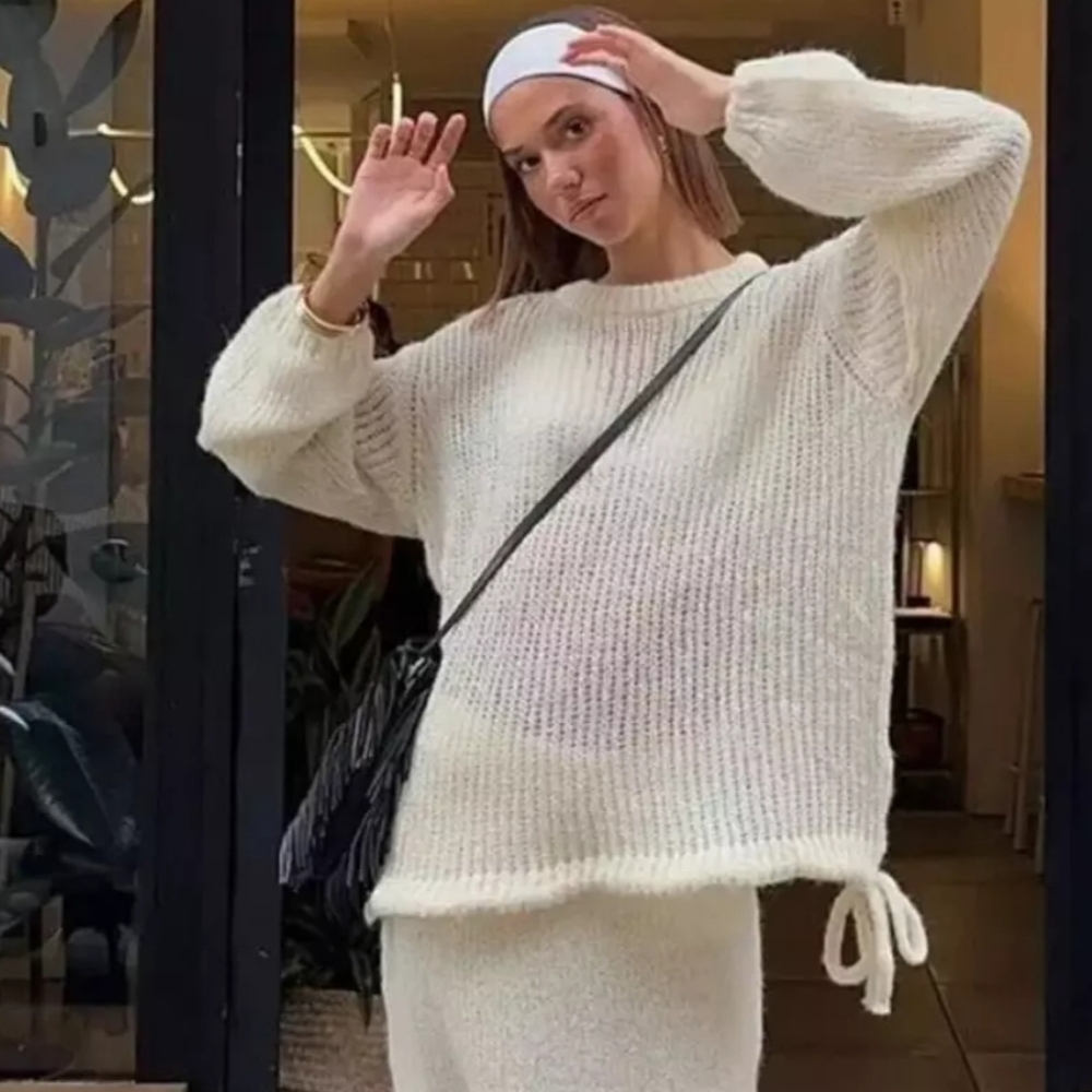 Zara Alpaca Wool Blend Sheer Drawstring Waist Sweater